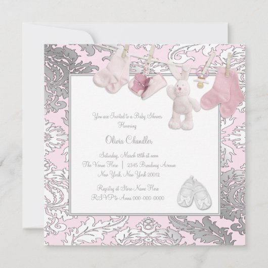 ピンクの物干し用ベビーガールシャワー 招待状 (裏面)