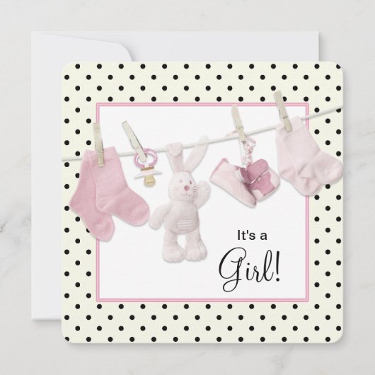 ピンクの物干し用ベビーガールシャワー 招待状 (正面)