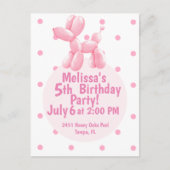ピンクの犬の風船 5歳の誕生日招待状 ポストカード (正面)