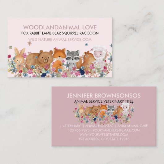ピンクの狐 ウサギ ヒツジ クマ リス 獣医 名刺 (正面/裏面)