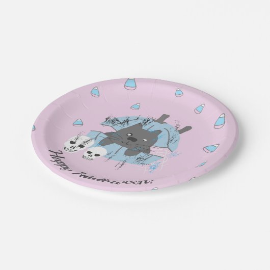 ピンクの猫がカボチャのドクロでキャンディコーンのハロウィン ペーパープレート (アングル)