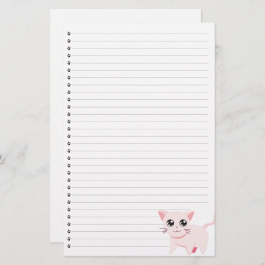 ピンクの猫が並ぶ文房具 便箋 (正面/裏面)
