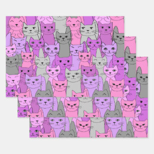 ピンクの猫が多いデザイン ラッピングペーパーシート