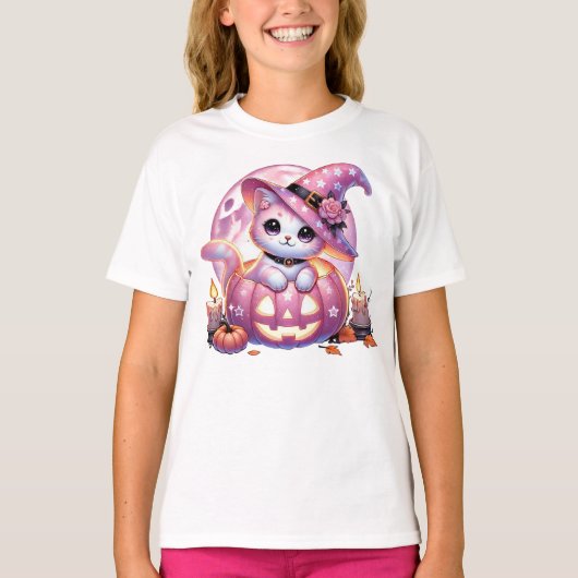 ピンクの猫とカボチャ Tシャツ (正面)