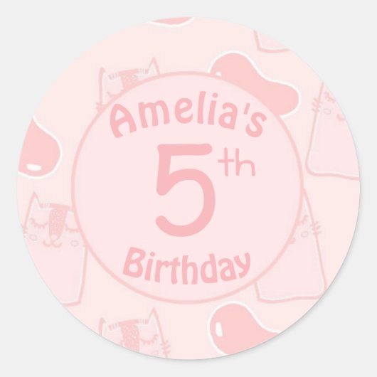 ピンクの猫とクラゲカスタムの樹齢誕生日 ラウンドシール (正面)