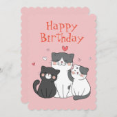 ピンクの猫と子猫のかわいいハッピーバースデー シーズンカード (正面/裏面)