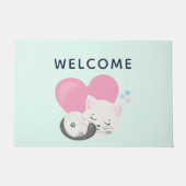 ピンクの猫と寝る甘い子ネコハートへようこそ ドアマット (正面)
