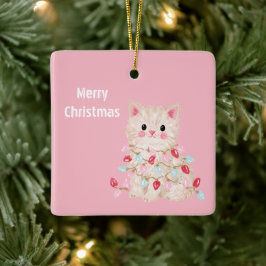 ピンクの猫のクリスマスイルミネーション セラミックオーナメント