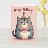 ピンクの猫の誕生日カード カード (黄色い花)