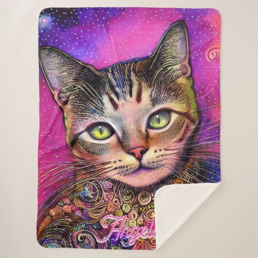 ピンクの猫パーソナライズされた名 シェルパブランケット (正面)