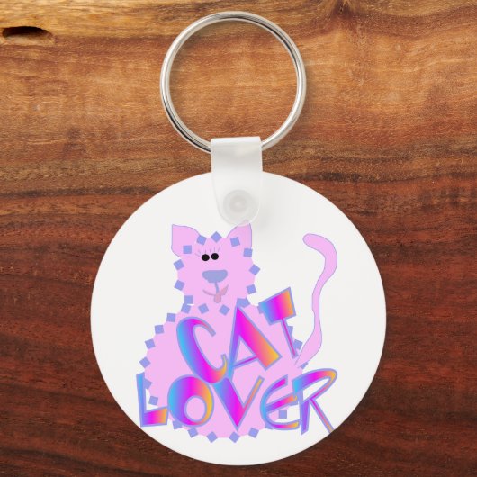 ピンクの猫好きのTシャツおよびギフト キーホルダー (正面)