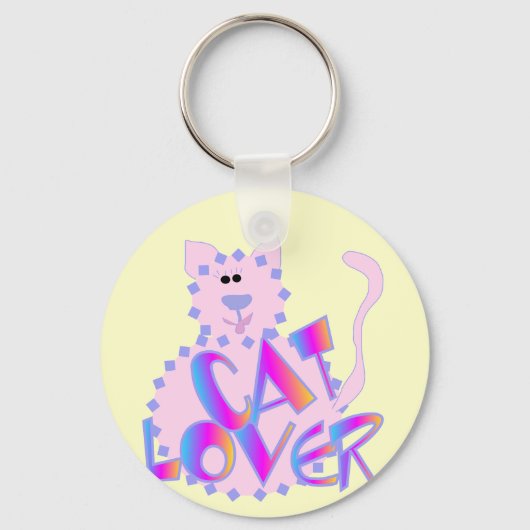 ピンクの猫好きのTシャツおよびギフト キーホルダー (正面)
