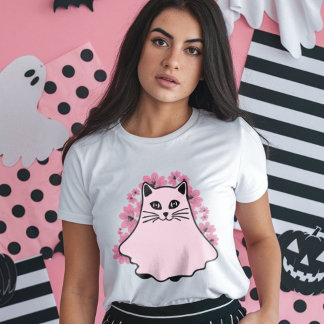 ピンクの猫(背景フローラ) Tシャツ