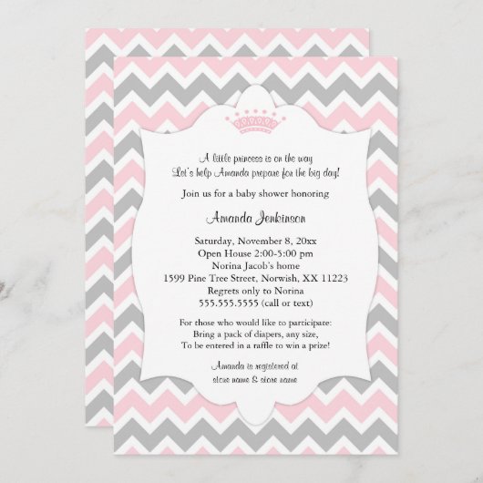 ピンクの王冠のベビーシャワーの招待/女の子の王女 招待状 (正面/裏面)