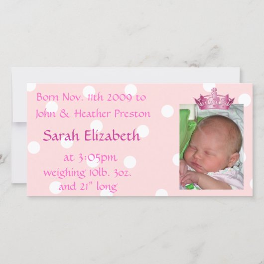 ピンクの王冠の誕生発表の写真カード 案内状 (正面)