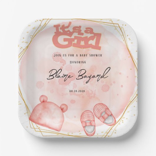 ピンクの珊瑚と金ゴールドの赤ちゃんシャワーの少女 ペーパープレート (正面)