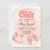 ピンクの珊瑚と金ゴールドの赤ちゃんシャワーの少女 招待状 (正面)
