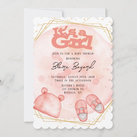 ピンクの珊瑚と金ゴールドの赤ちゃんシャワーの少女 招待状 (正面)