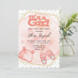 ピンクの珊瑚と金ゴールドの赤ちゃんシャワーの少女 招待状