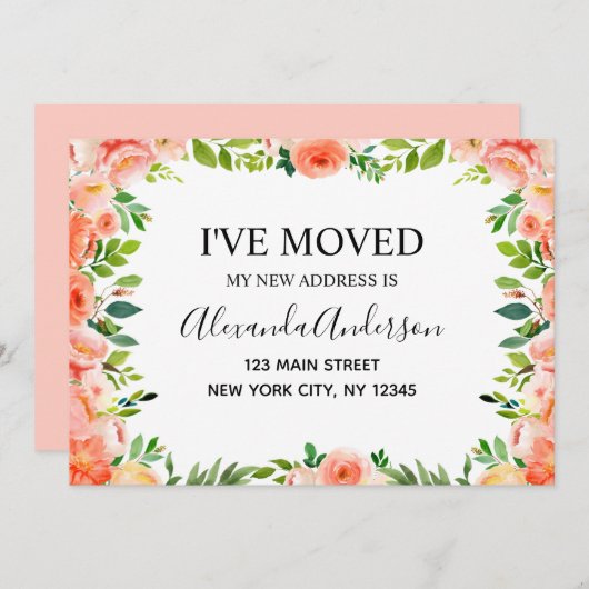 ピンクの珊瑚 花柄 転居のお知らせ 招待状 (正面/裏面)