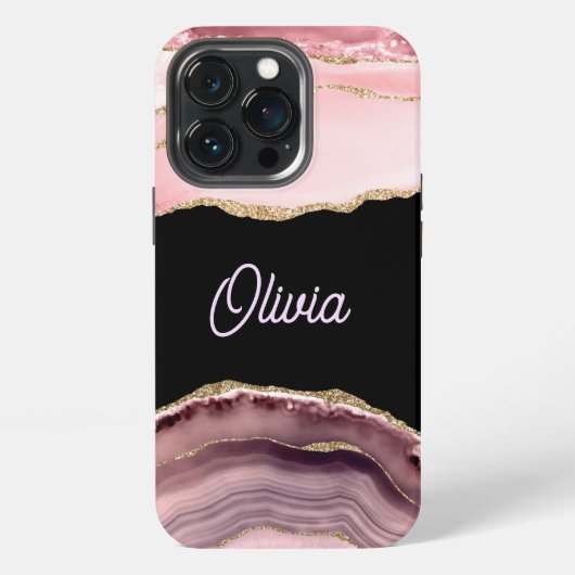 ピンクの瑪瑙とゴールドのグリッター - モノグラム iPhoneケース (裏面)