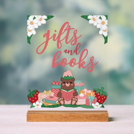 ピンクの甘いイチゴのクマのギフト本ベビーシャワー アクリルサイン (ニュートラル)