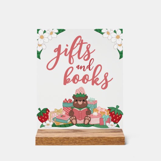 ピンクの甘いイチゴのクマのギフト本ベビーシャワー アクリルサイン (正面)