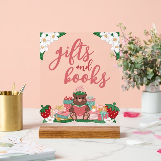 ピンクの甘いイチゴのクマのギフト本ベビーシャワー アクリルサイン (ウェディング)