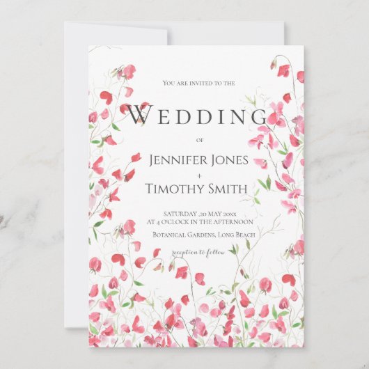ピンクの甘いエンドウの水彩結婚式招待状 招待状 (正面)
