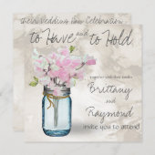 ピンクの甘いエンドウ豆のヴィンテージメーソンジャーの水色 招待状 (正面/裏面)
