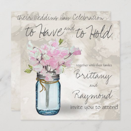ピンクの甘いエンドウ豆のヴィンテージメーソンジャーの水色 招待状 (正面/裏面)