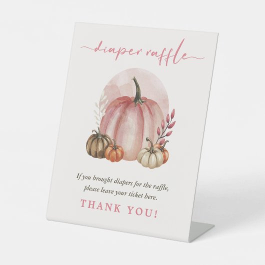 ピンクの甘いカボチャ赤ちゃん女の子シャワーおむつラッフル 台座サイン (正面)