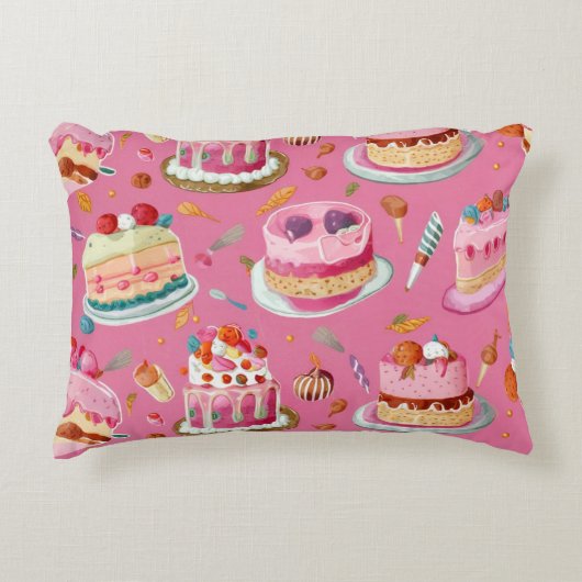 ピンクの甘いケーキパターン アクセントクッション (正面)