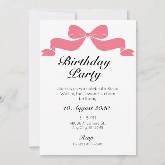 ピンクの甘いネクタイのリボンの誕生日 招待状 (正面)