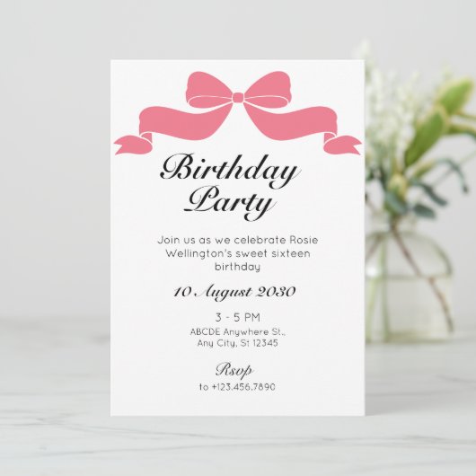 ピンクの甘いネクタイのリボンの誕生日 招待状 (スタンド正面)