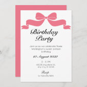 ピンクの甘いネクタイのリボンの誕生日 招待状 (正面/裏面)