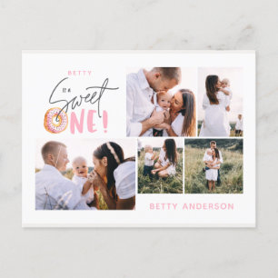 ピンクの甘いワンドーナツの誕生日数々の写真ホリデー シーズンポストカード