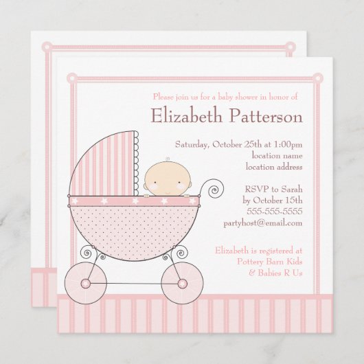 ピンクの甘い女の子客車のベビーシャワー 招待状 (正面/裏面)