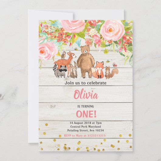 ピンクの甘素朴いウッドランド動物1歳の誕生日 招待状 (正面)