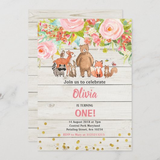ピンクの甘素朴いウッドランド動物1歳の誕生日 招待状 (正面/裏面)