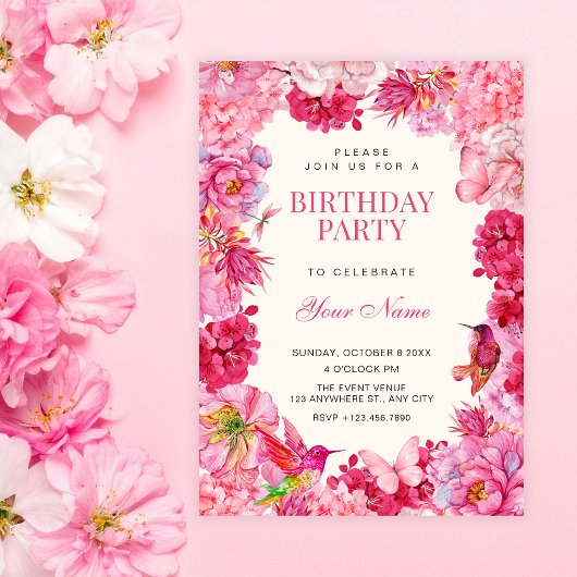 ピンクの田舎風の花の開花お誕生日おめでとう 招待状