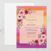 ピンクの発光サンセットウェディング 招待状 (正面/裏面)