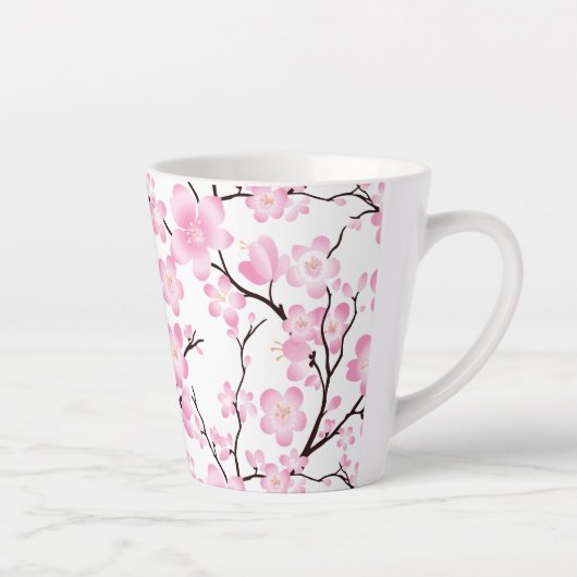 ピンクの白いさくらんぼの花のイニシャルカスタマイズ可能なマグカップ カフェラテマグ (右)
