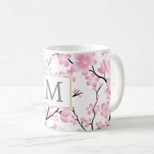 ピンクの白いさくらんぼの花のイニシャルカスタマイズ可能なマグカップ コーヒーマグカップ