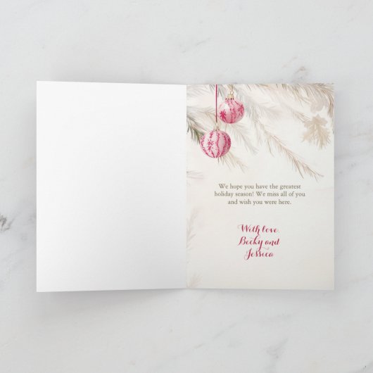 ピンクの白いオーナメントヴィンテージ写真クリスマスカード シーズンカード (内部)