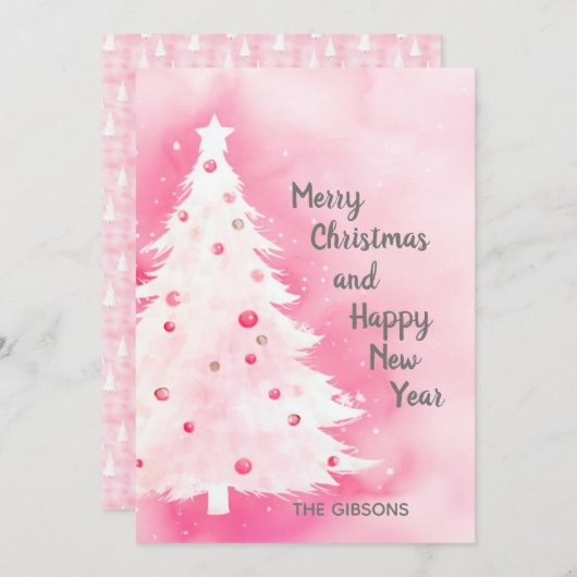 ピンクの白いクリスマスツリーの水のカラーカード シーズンカード (正面/裏面)