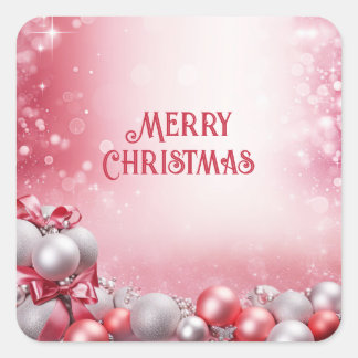 ピンクの白いクリスマスボールシール スクエアシール