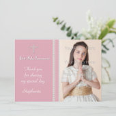 ピンクの白いクロスレースの宗教写真カード サンキューカード (スタンド正面)