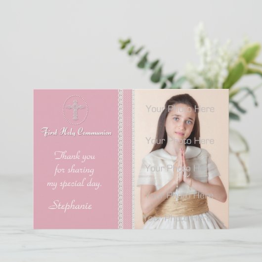ピンクの白いクロスレースの宗教写真カード サンキューカード (スタンド正面)