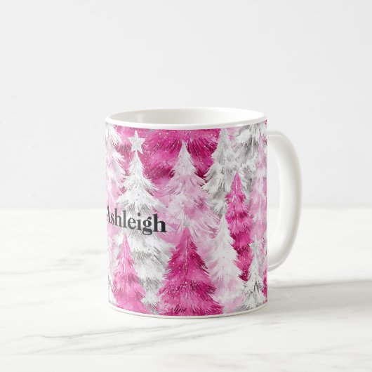 ピンクの白いグラムクリスマスツリー コーヒーマグカップ (正面右)